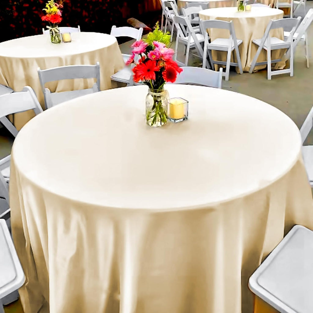 fani 12 Pack 120 Inch Champagne Satin Tablecloth - Premium Bright Silky Round Tablecloth Overlay Smooth Fabric Table Cover, Table Decoration for Wedding Party Banquet Events Restaurant Kitchen Dining