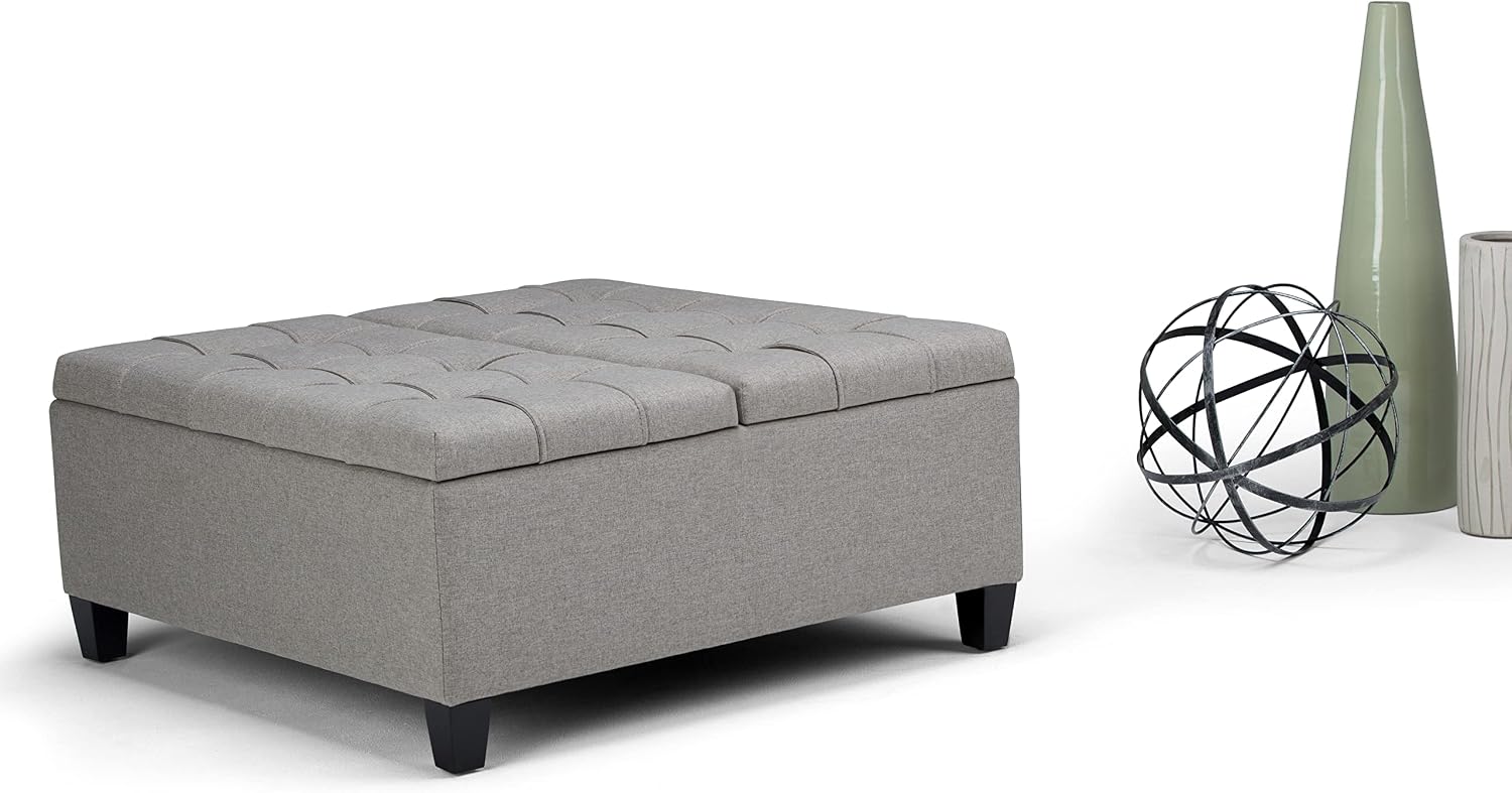 SIMPLIHOME Harrison Coffee Table Storage Ottoman - 36 inch Wide Upholstered Linen Look Fabric Square Lift-Top Ottoman in Dove Grey, Transitional Ottoman for Living Room with Hidden Storage