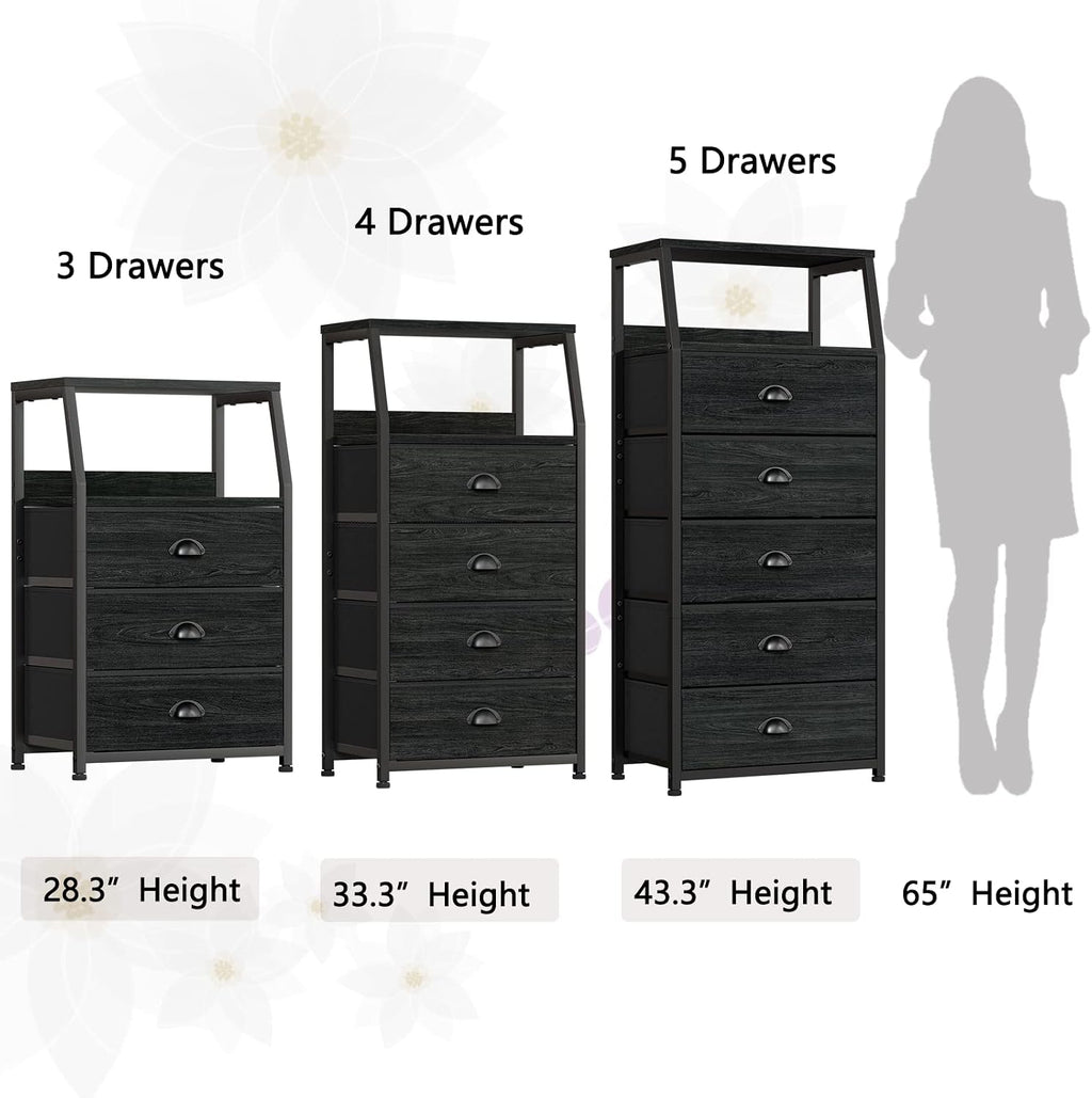 Furnulem Black Dresser with 5 Drawers, Vertical Storage Tower Fabric Dresser for Bedroom, 4-Tier Corner Shelf, Bookshelf with 2 Storage Drawers, 57.28'Tall Narrow Bookcase