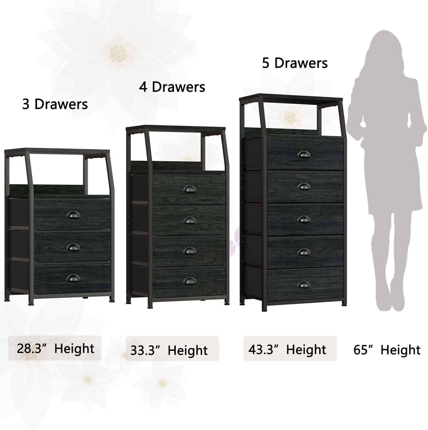Furnulem Black Dresser with 5 Drawers, Vertical Storage Tower Fabric Dresser for Bedroom, 4-Tier Corner Shelf, Bookshelf with 2 Storage Drawers, 57.28'Tall Narrow Bookcase