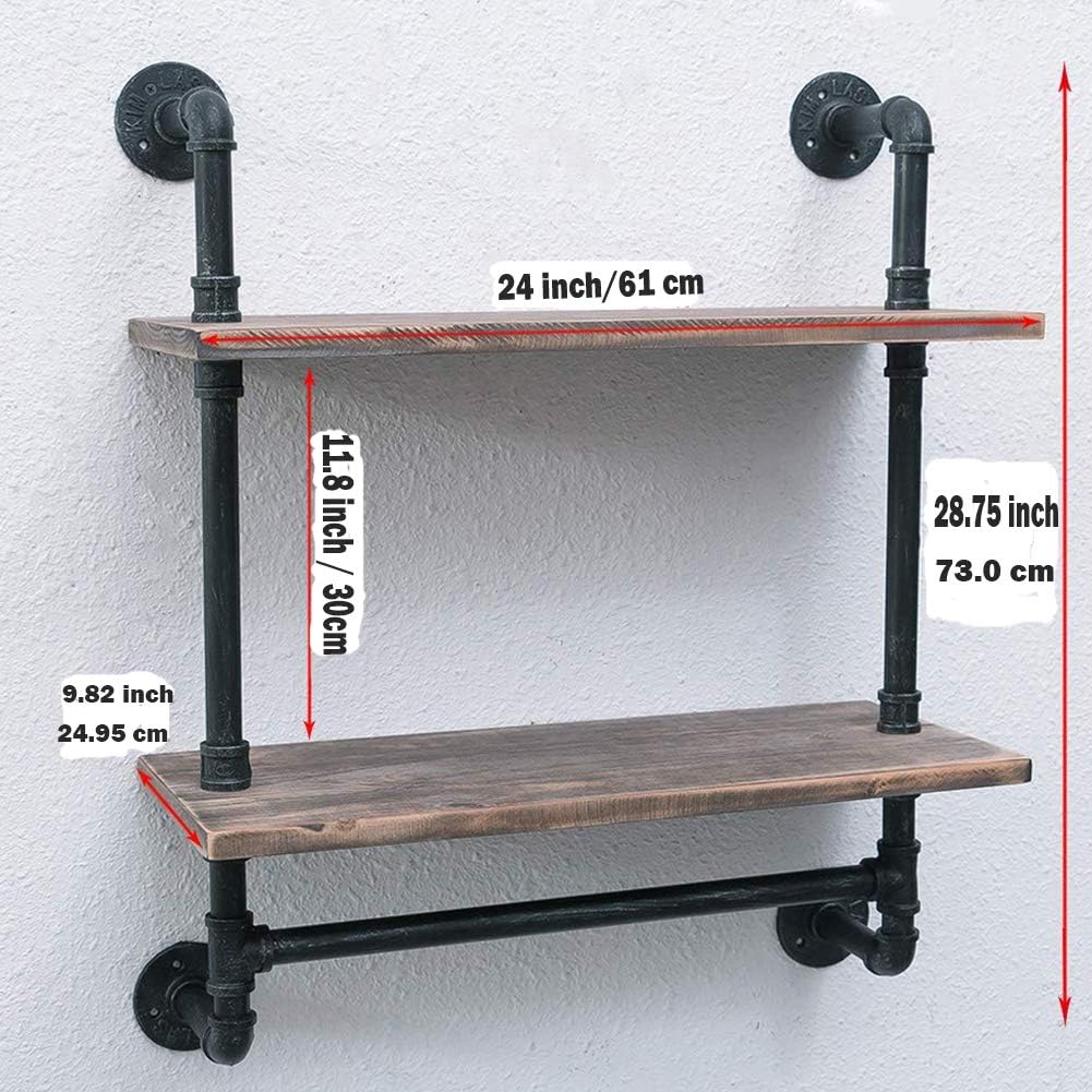 Industrial Pipe Bathroom Shelves Decor Wall Mounted 2 Tiered, Rustic Wood Wall Shelf with Towel Bar, Black Matte Towel Rack, Pipe Floating Shelves Shelving Towel Holder