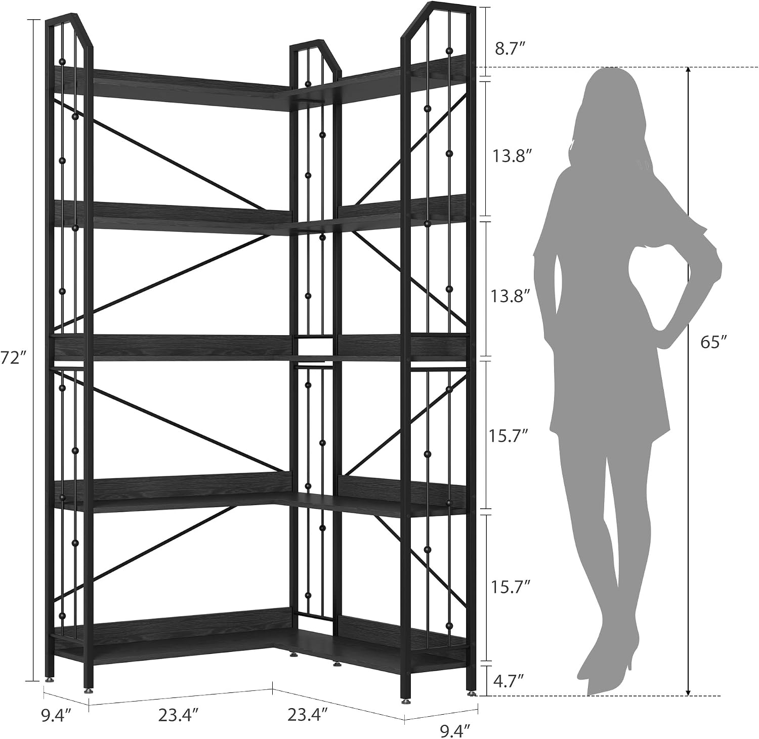 Takywep 72' Corner Bookshelf, l-Shaped 5 Tier Bookcase, Tall Corner Bookcase with Beaded Design, Large Display Shelf for Living Room Bedroom Black