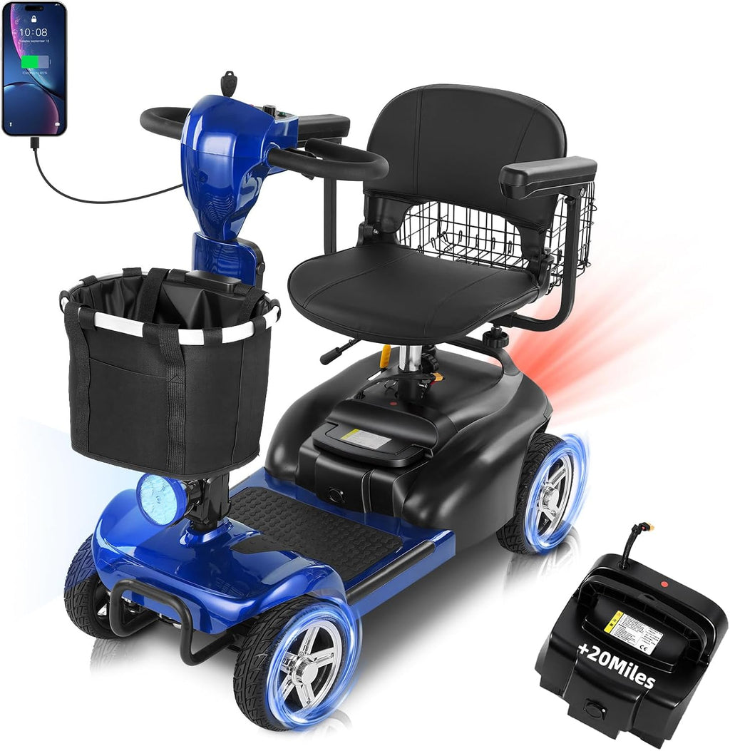 20-45 Miles 4 Wheels Mobility Scooter for Seniors/Adults Up to 300LBS,350W Electric Wheelchair Detachable Lithium Battery,Dual Baskets,Rotating Seat,with Taillight, USB Charging