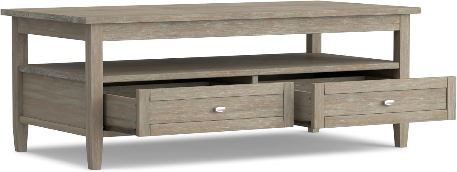 SIMPLIHOME Warm Shaker Coffee Table - 48 inch Wide Solid Wood Coffee Table in Distressed Grey, Transitional Living Room Table with 2 Drawers, Open Shelf, Shaker Fronts and Tapered Legs