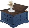 Farmhouse Coffee Table with Large Hidden Storage, Square Wood Living Room Tables, Multi-Function Lift Wooden Barn Door Center Table (Blue &Walnut)