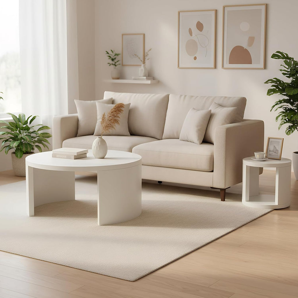 Round Coffee Table Set of 2, Nesting Coffee Tables with Storage, Living Room Table Set, Modern Wood Center Table for Living Room, Apartment, 31.5' & 18' Accent Table Set, White