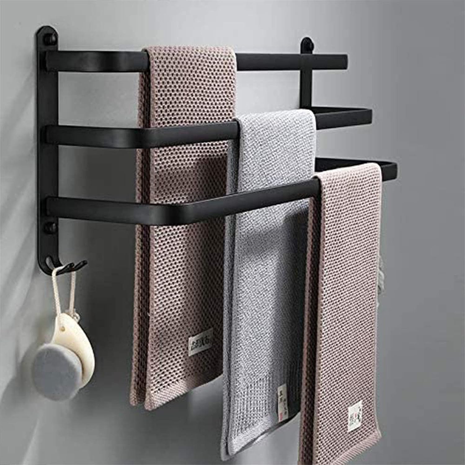 Wall Mounted Matte Black Aluminum Double Bar Towel Rail Self Adhesive Bathroom Towel Rack Hanger and Holder for Space Saving Bathroom Storage (80cm)