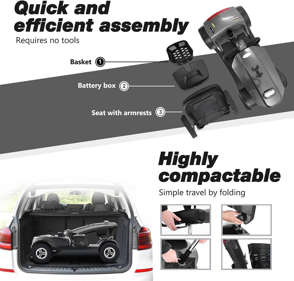 Mobility Scooters for Seniors & Adults 400 Lb Weight Foldable,All-Terrain Heavy Duty 4 Wheel Powered Scooter,Portable Disability Mobile Electric Wheelchair with Comfort Seat,15Miles,5MPH,Black