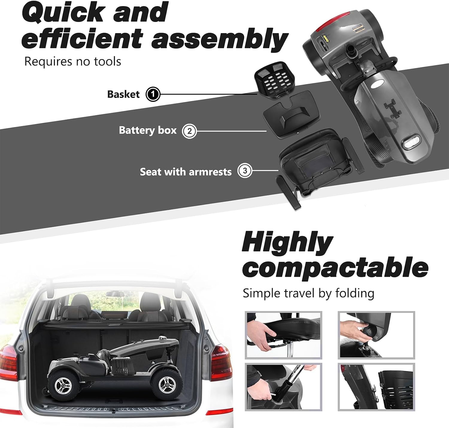 Mobility Scooters for Seniors & Adults 400 Lb Weight Foldable,All-Terrain Heavy Duty 4 Wheel Powered Scooter,Portable Disability Mobile Electric Wheelchair with Comfort Seat,15Miles,5MPH,Black
