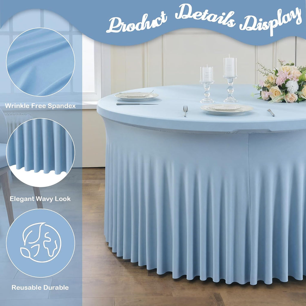 6 Pack Spandex Dusty Blue Round Tablecloths for 60in Tables, Stretchy 120inch Fitted 5FT Round Table Cloths, Wrinkle Free Table Cover with Skirt for Wedding Birthday Party Bridal Shower Banquet