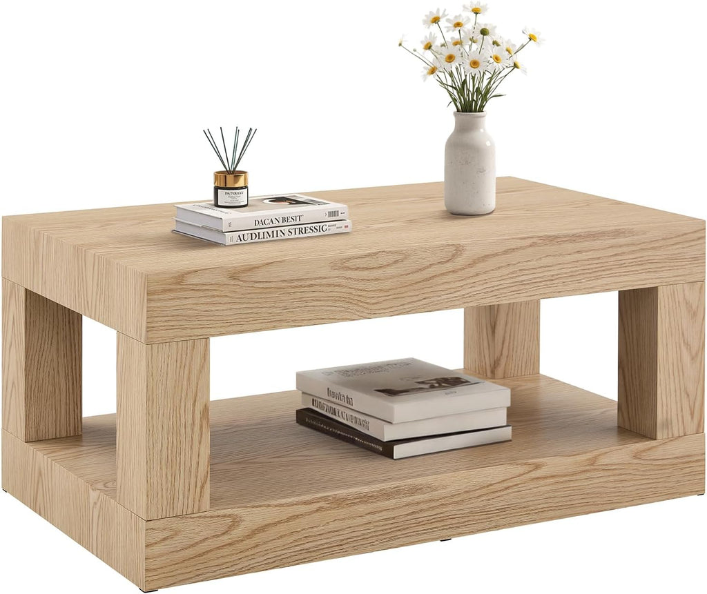 LKTART 39.37' Coffee Table with Storage, 2-Tier Mid Century Rectangular Accent Table with Thick Tabletop, Rustic Style Cocktail, Center Table for Living Room, Office, Apartment (Natural)