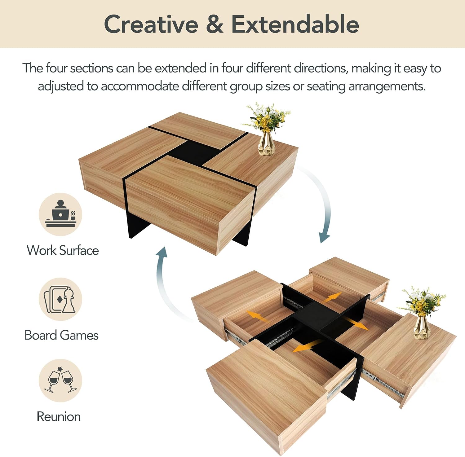 Merax Modern Square Coffee Table with 4 Hidden Storage Compartments, UV High-Gloss Design for Living Room, Brown