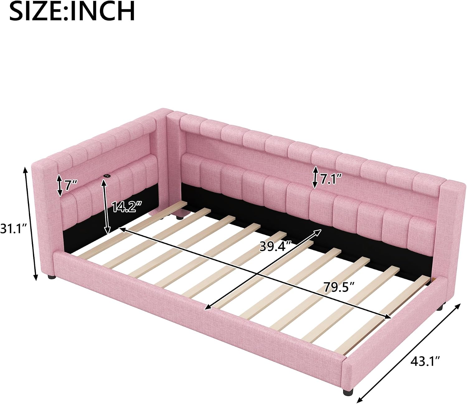 Upholstered Twin XL Size Daybed with LED and USB Ports, L-Shaped Corner Day Bed with Storage Shelves Headboard,Space Saving for Girls Adults Kids Boys, Pink