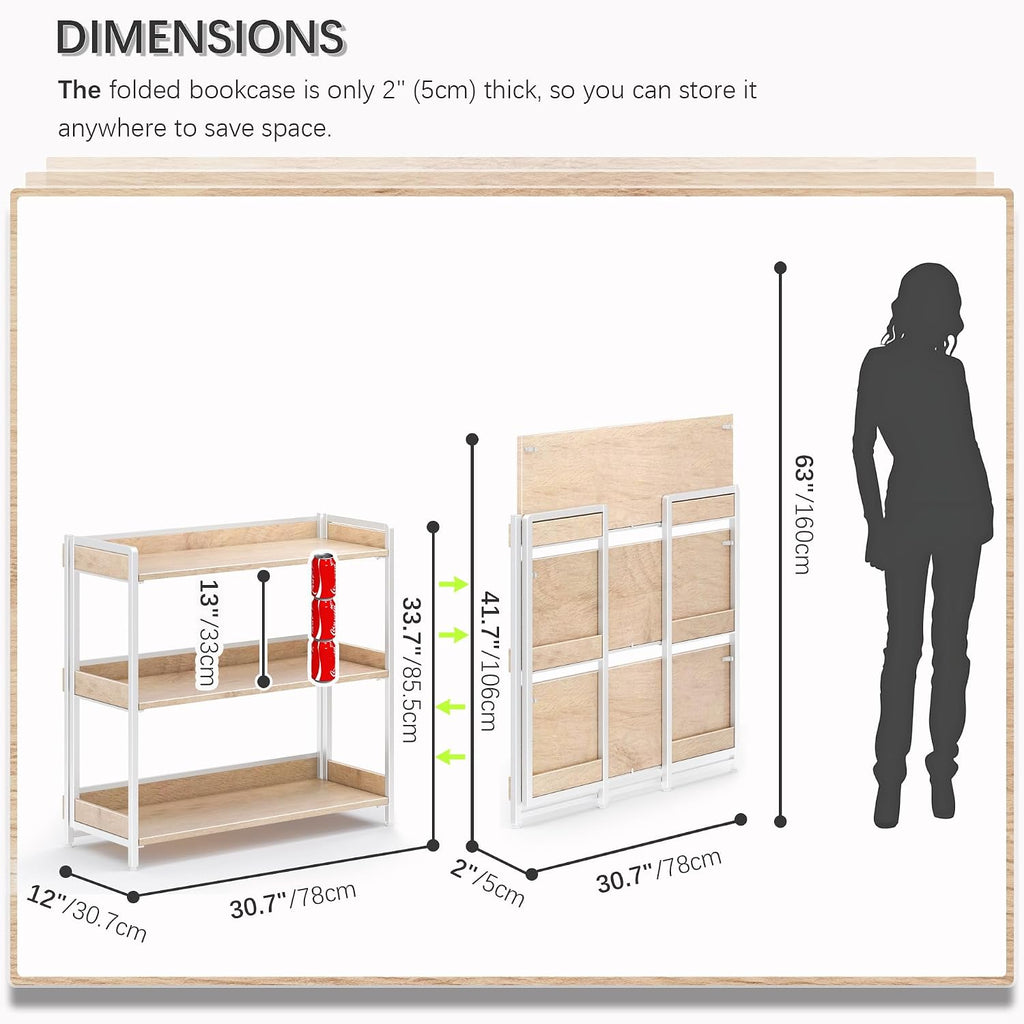 4NM Extra Wdie No Assembly Folding Bookshelf, 34' H x 30.9' W, 3 Tier Collapsible Book Shelf Bookcase Foldable Shelves for Bedroom Living Room Home Office - Cloud Oak & White