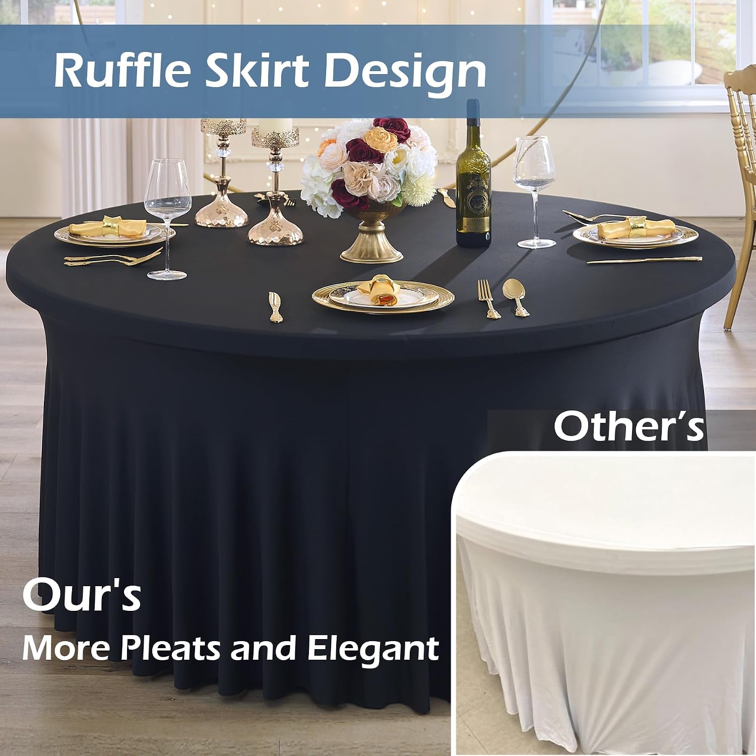 8 pk Black Spandex Round Tablecloths 60 inch with Ruffled Skirt, Wrinkle Free High-Stretch 120 inch Table Cloth Fitted 5ft Round Elastic Spandex Table Covers for Party Graduation Banquet Dinning