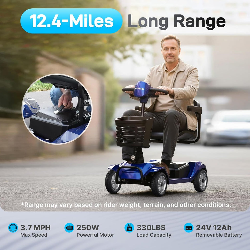 Hoverfly T4 Mobility Scooter for Seniors, Max 12.4-Mile Range & 3.7 mph, 3-Position Seat & Anti-slip Rear Wheel, Removed Battery&Quick Fold Design, Solid 9' Tire&330 lb Capacity, Ease of Assembly Blue