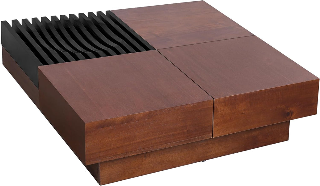 Merax 35'' Square Acacia Wood Coffee Table with Sliding Top & Ample Storage, Vintage and Sturdy, Natural Grain Patterns for Living Room Apartment, Brown+Black