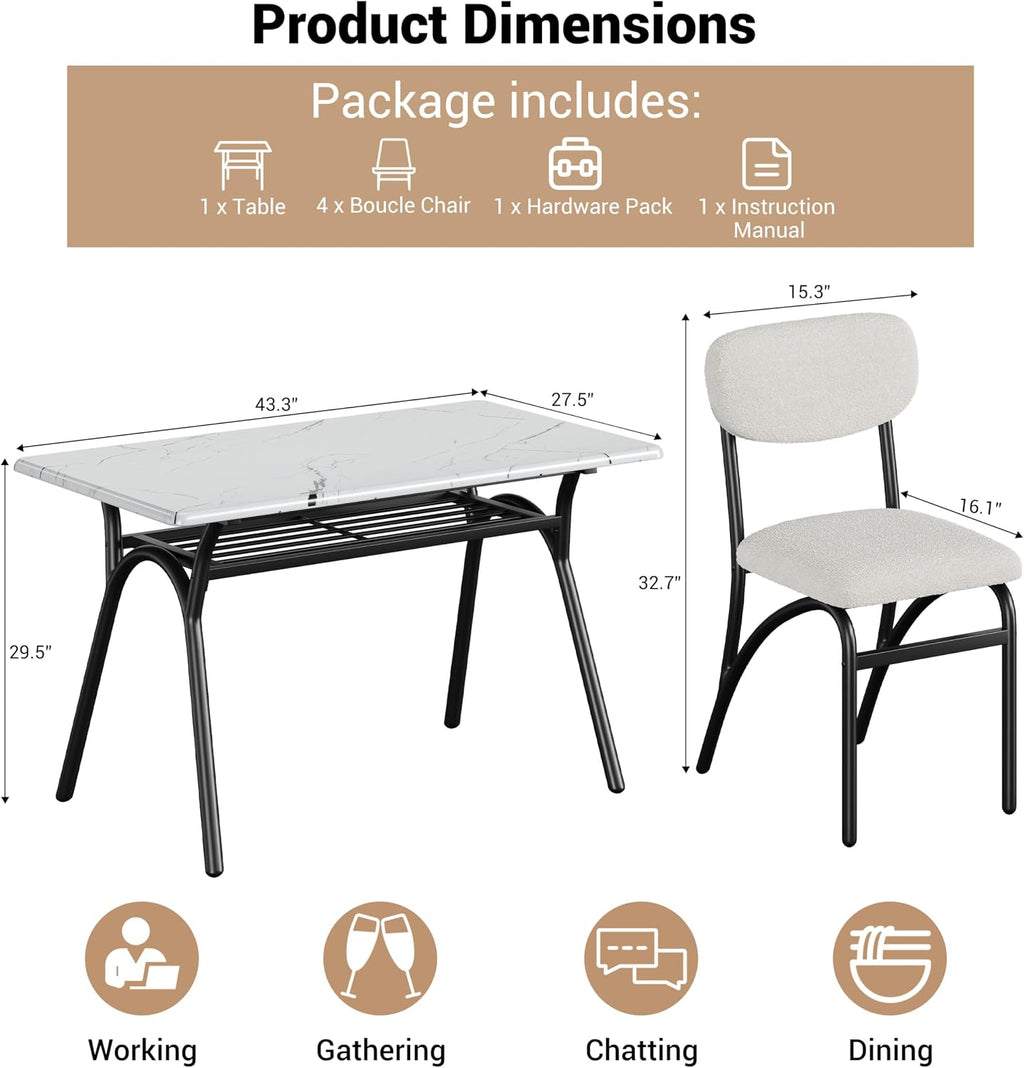 5-Piece Dining Table Set for 4, Modern Kitchen Table with 4 Boucle Chairs, Rectangular Dining Table with Storage Shelf & Marble Tabletop, Beige Home Dining Furniture for Small Space, Beige+White