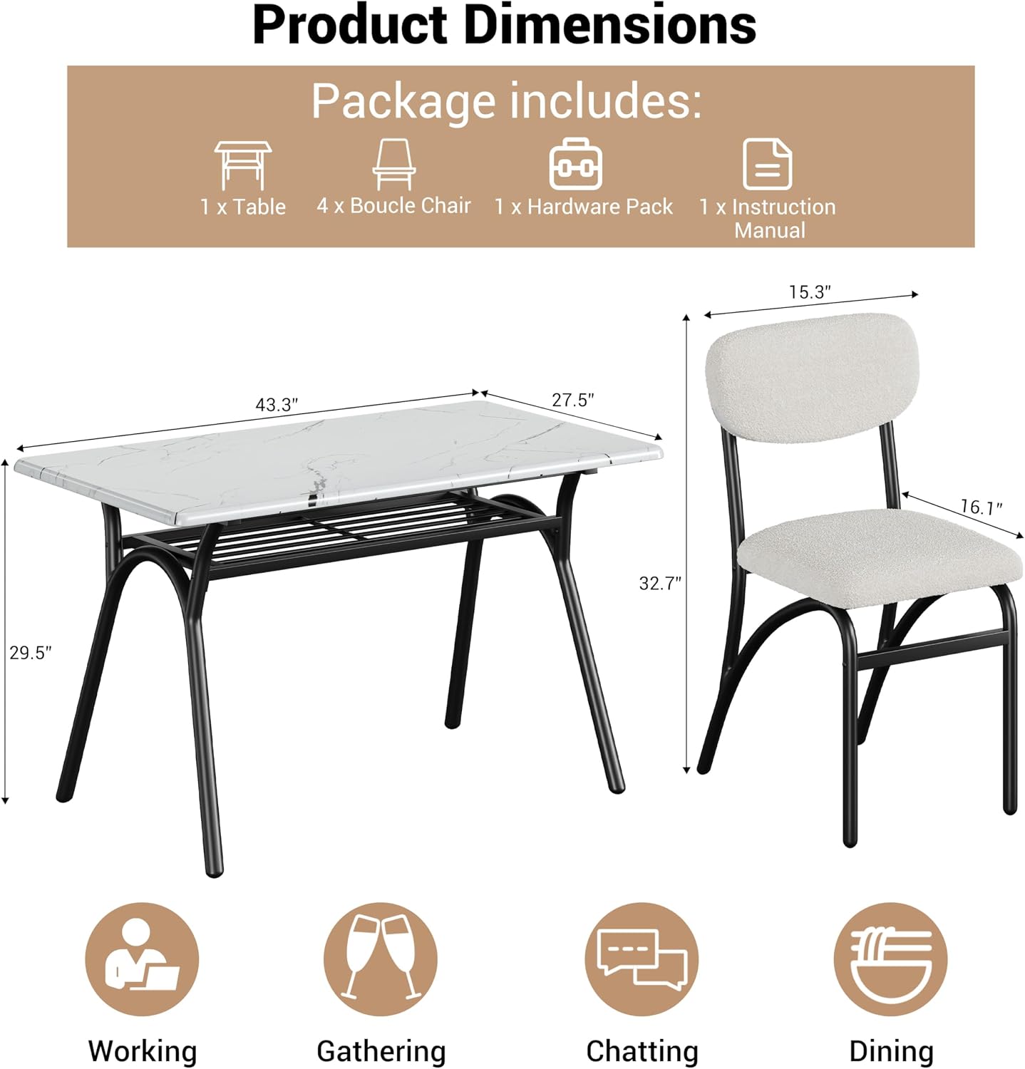 5-Piece Dining Table Set for 4, Modern Kitchen Table with 4 Boucle Chairs, Rectangular Dining Table with Storage Shelf & Marble Tabletop, Beige Home Dining Furniture for Small Space, Beige+White