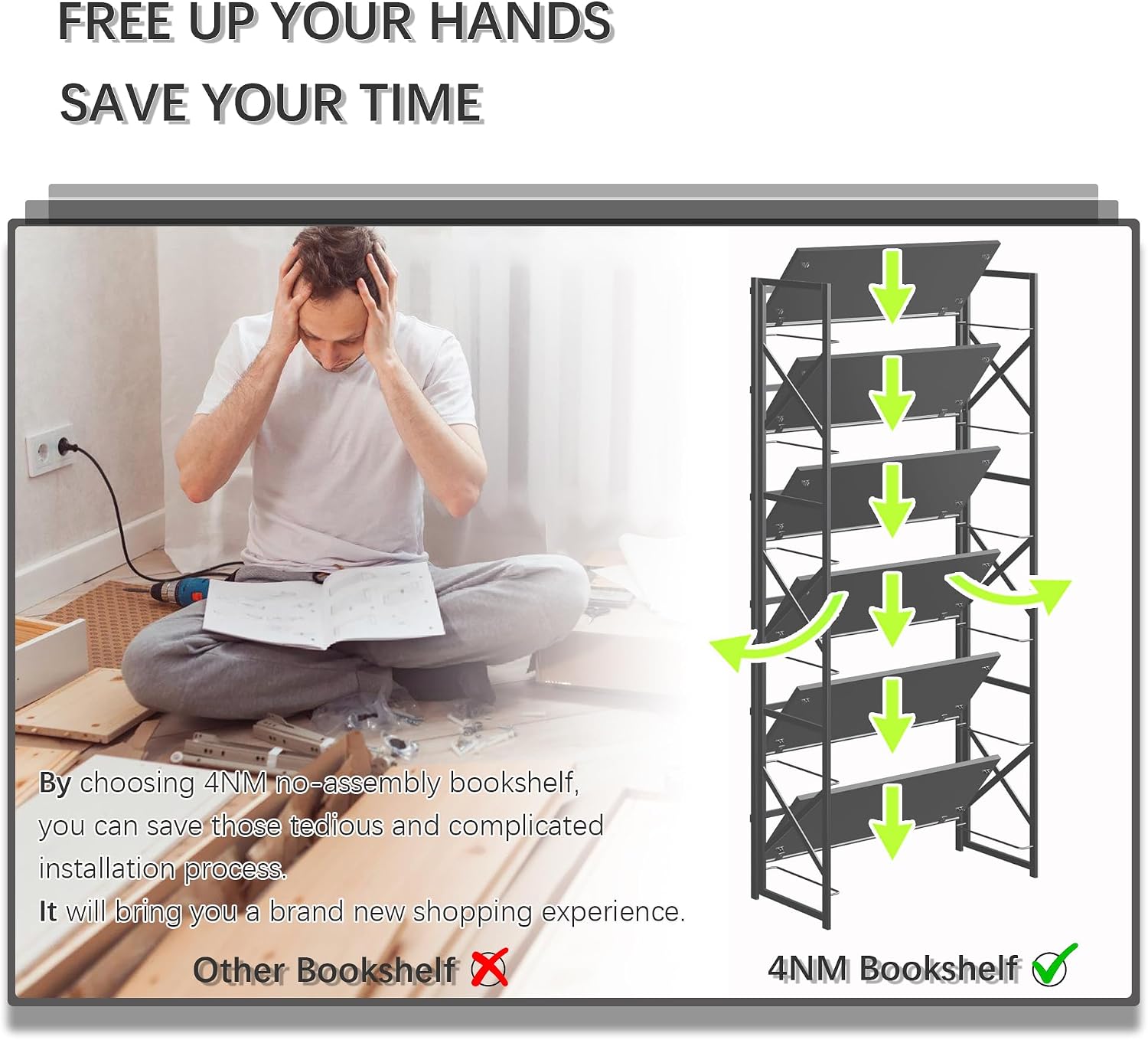 4NM 6 Tiers No Assembly Book Shelves, 61.8' H Folding Bookshelf Bookcase Open Industrial Foldable Shelves for Bedroom, Living Room, Home Office - All Black