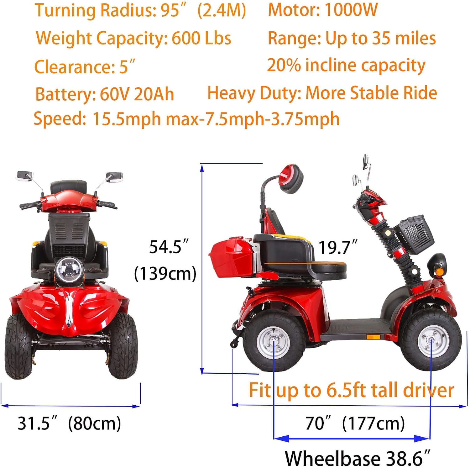 Mobility Scooters for Seniors & Adults 600lbs Capacity, Heavy Duty 4-Wheel 3-Speed Electric Powered Wheelchair Device 1000W All Terrain, Elderly-Lockbox Adjustable Seat (DJD Red 1000W)