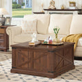 Joaxswe Farmhouse Coffee Table with Large Hidden Storage Compartment, Brown Retro Square Center Table, Wood Rustic Low Modern Living Room Tables with Hinged Lift Brown Top & Wooden Arc Base