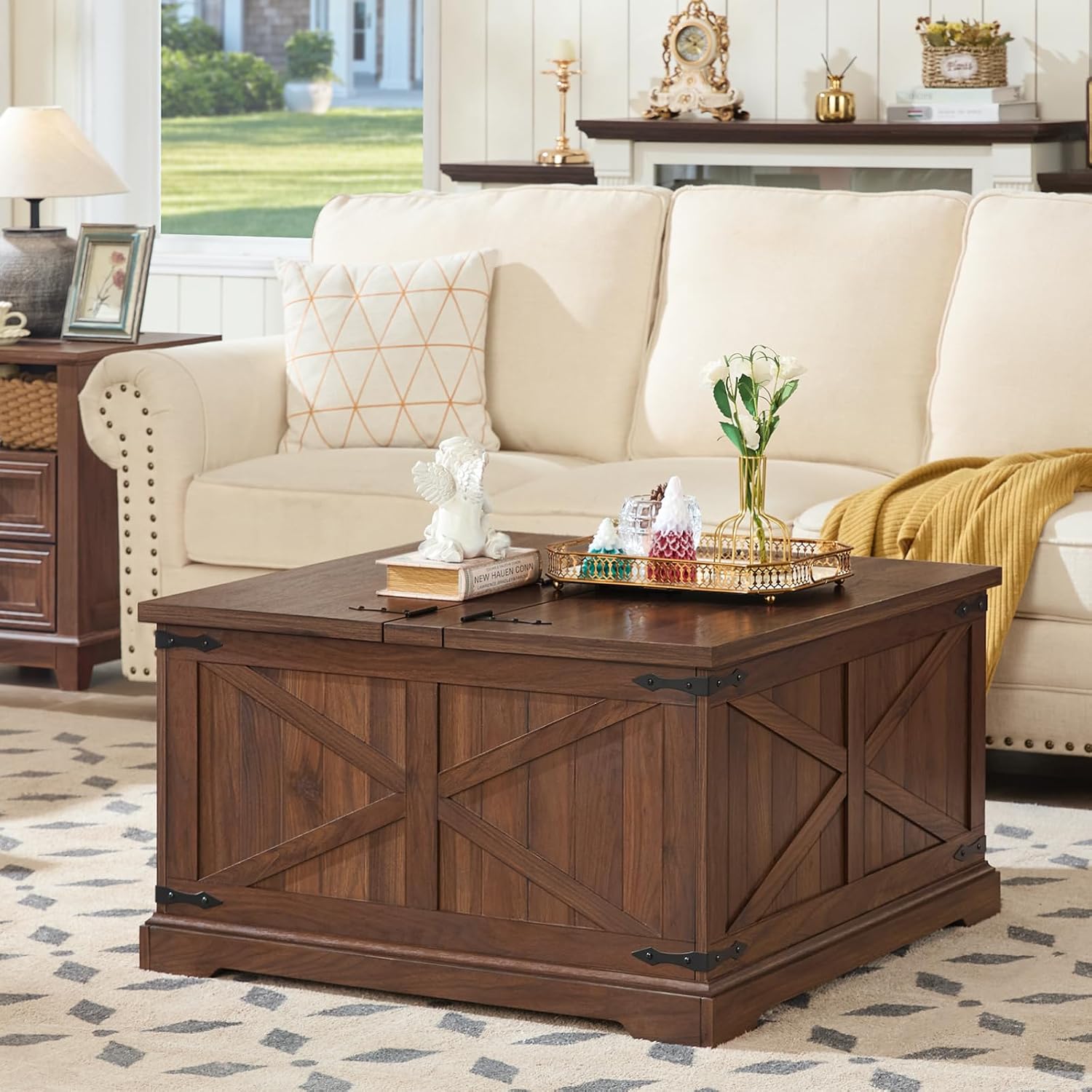 Joaxswe Farmhouse Coffee Table with Large Hidden Storage Compartment, Brown Retro Square Center Table, Wood Rustic Low Modern Living Room Tables with Hinged Lift Brown Top & Wooden Arc Base