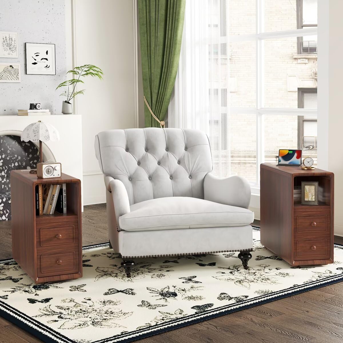 JIJIWANG Tall End Table with Drawers, 47.2' Corner Shelf Table with Open Storage, Narrow Side Table for Bedroom Living Room Small Space, Walnut