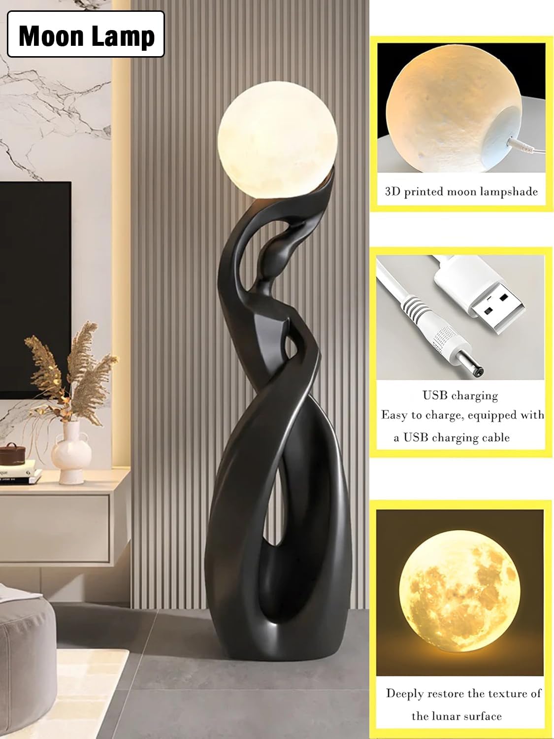 Modern Floor Lamp,Black Floor Lamps,Bedside Lamp with 3D Moon Lights | Creative Nordic Art Decoration Tall Standing Lamp for Living Room Bedroom,Corner,Dresser,Office