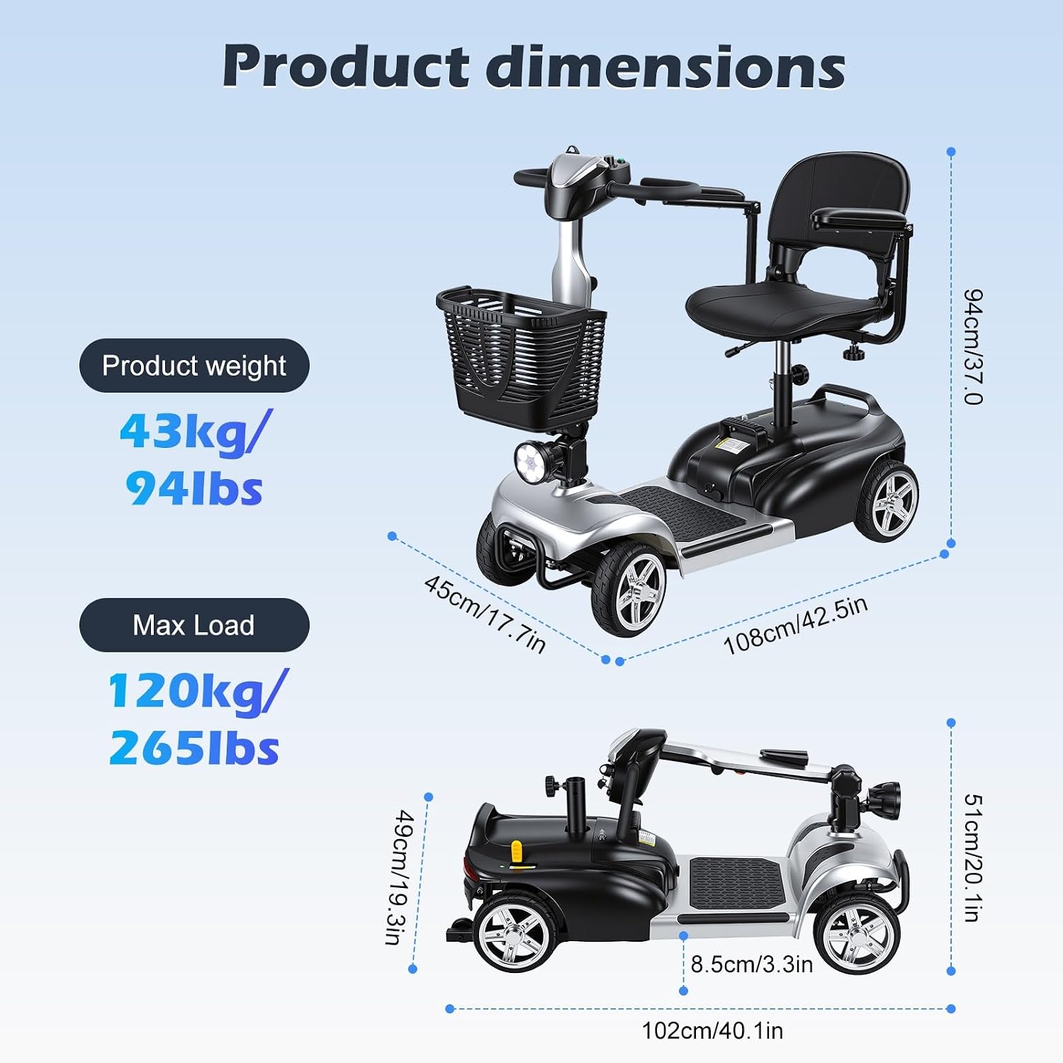 4 Wheel Mobility Scooter for Adults & Seniors, Lightweight Foldable Electric Powered Wheelc 5 MPH & 7.5 Miles Range, 265lbs Capacity, Portable Travel Scooter with Basket & LED Light US
