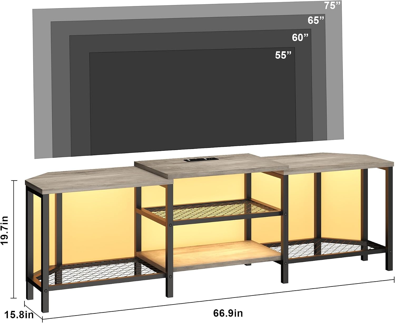 67'' Corner TV Stand for 55/65/75 Inch TVs,4 Open Shelves, Power Outlets, Led Lights,Media Console Table for Living Room or Bedroom,Grey