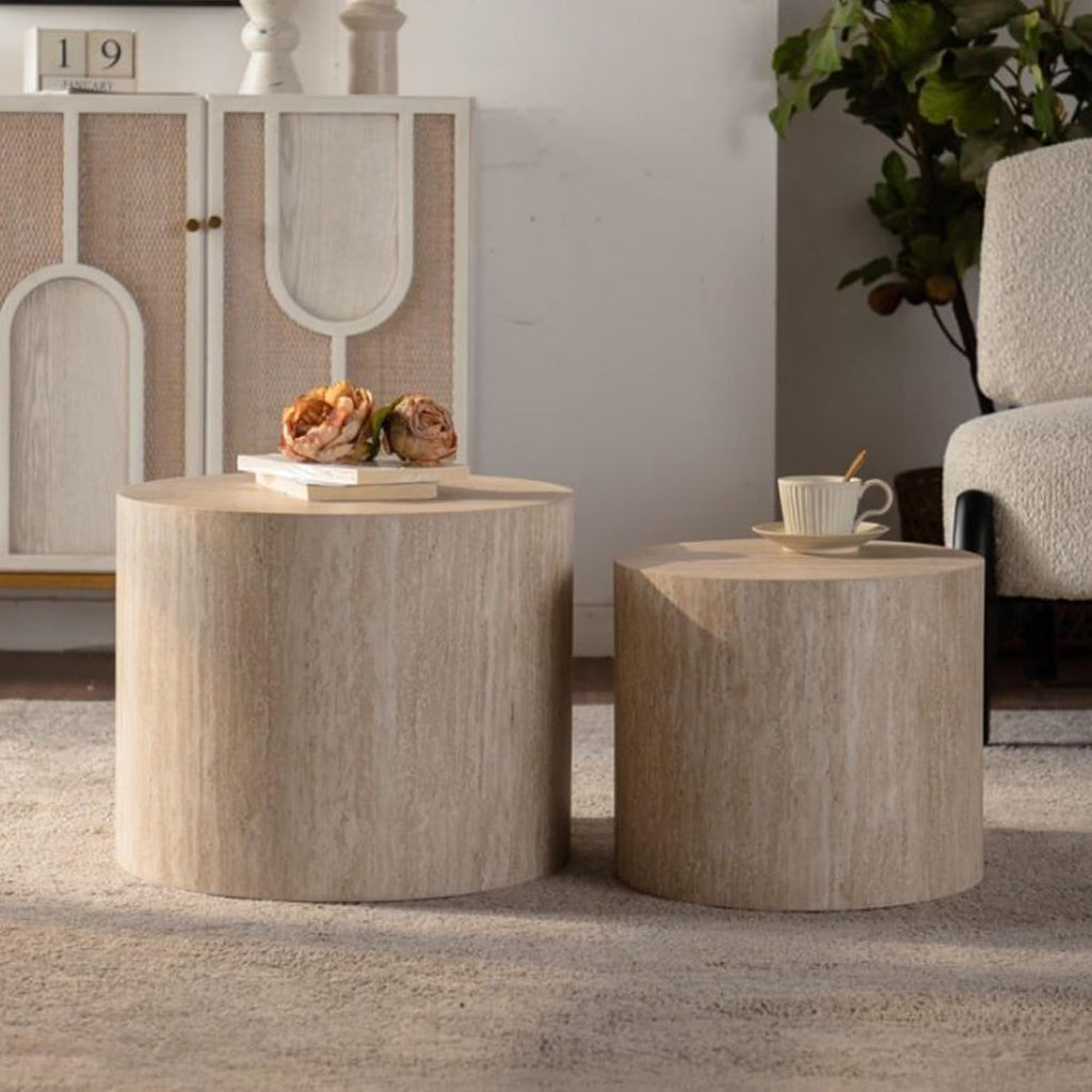 Nesting Coffee Table Set of 2, Modern Round Coffee Table with Non-Slip Feet, Oak Wooden Circle Accent Tables for Small Spaces Living Room Bedroom Balcony Office Drum Side Table (Amber)