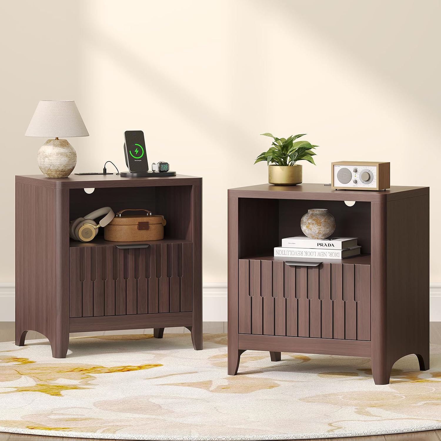 Fluted Nightstand Set of 2 with Charging Station, Modern Bedside Table with Storage Drawer, Open Shelf & Curved Corner, Night Stand End Side Table for Bedroom, Walnut