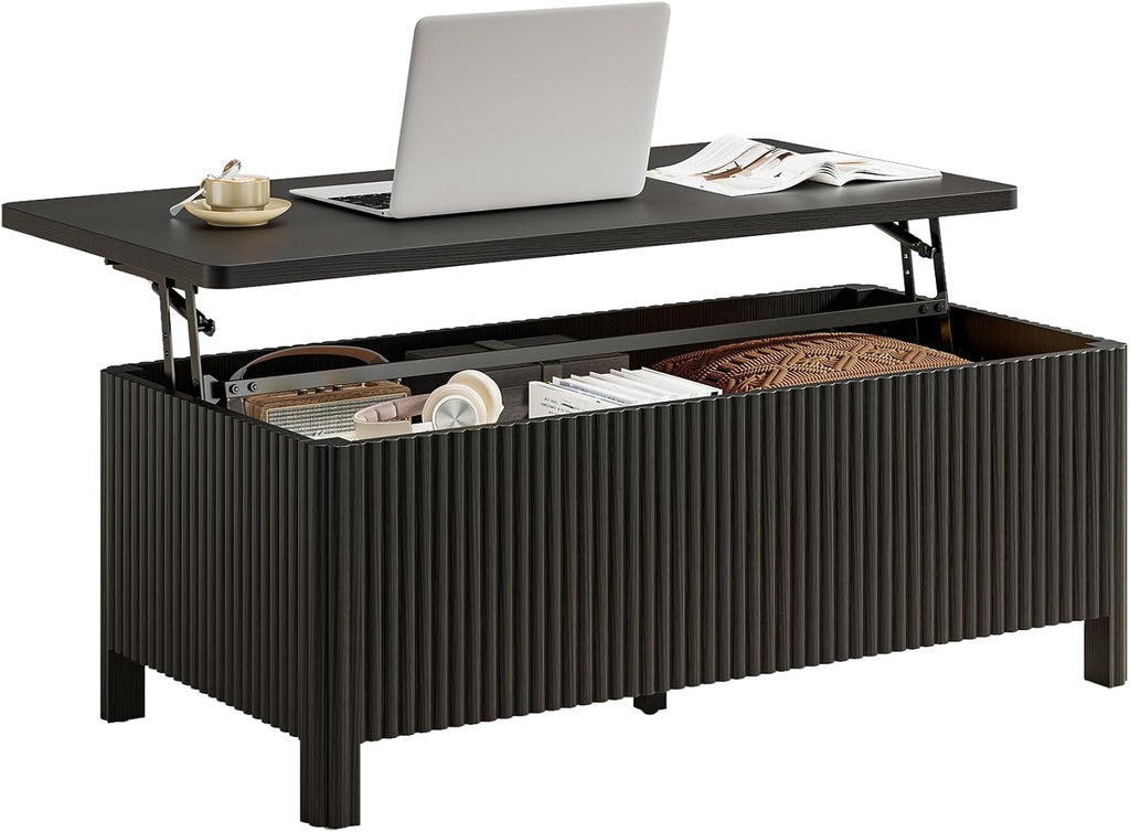 ONBRILL Fluted Lift Top Coffee Table with Storage, Mid Century Modern Coffee Table with Hidden Compartment, Rising Top Wood Center Table for Living Room, Home Office, Rounded Edges (Black)