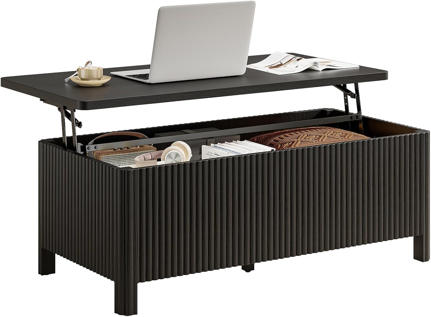 ONBRILL Fluted Lift Top Coffee Table with Storage, Mid Century Modern Coffee Table with Hidden Compartment, Rising Top Wood Center Table for Living Room, Home Office, Rounded Edges (Black)