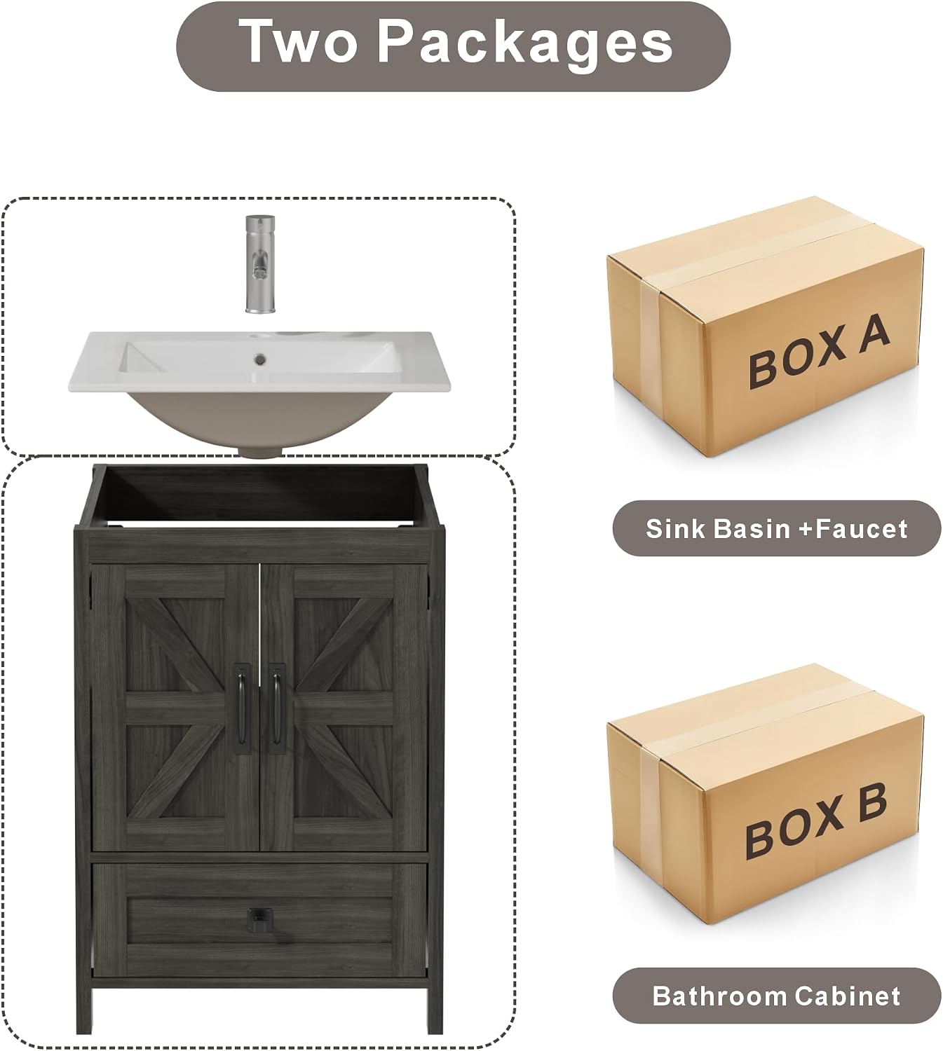 KIGOTY 24 Inch Farmhouse Vanity for Bathroom with Ceramic Sink, Vanity Sink Cabinet with Faucet, Wooden Sink Vanity, Freestanding Bathroom Sink and Cabinet, Bathroom Furniture Set