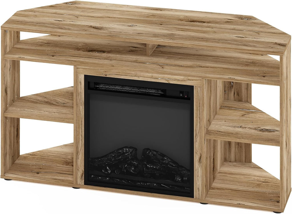 Furinno Jensen Fireplace TV Stand, Corner Entertainment Center, TV Console for TV up to 55 Inch with Fireplace, for Living Room, Bedroom, Flagstaff Oak