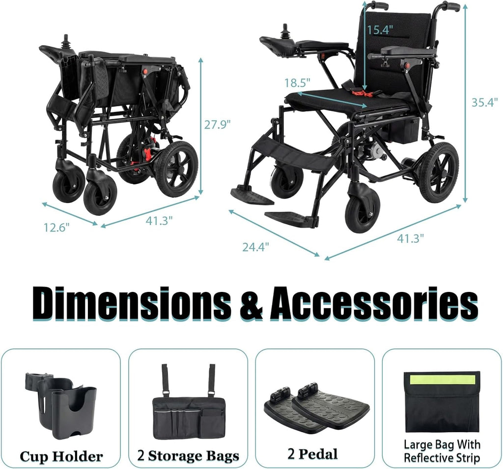 15 Miles Foldable Electric Wheelchair with 500W Brushless Motors, Motorized Wheelchair with 12AH Lithium Battery, 12' Rear Solid Tires, for Adults Seniors