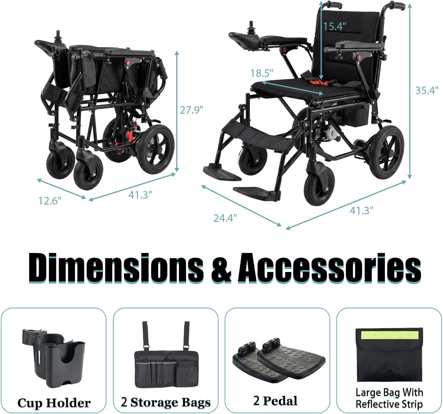 15 Miles Foldable Electric Wheelchair with 500W Brushless Motors, Motorized Wheelchair with 12AH Lithium Battery, 12' Rear Solid Tires, for Adults Seniors