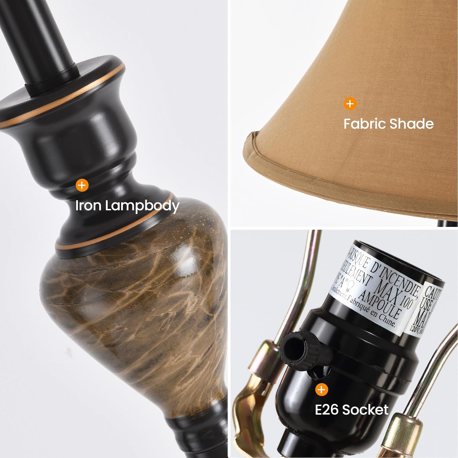 3 Piece Living Room Lamps, Vintage Table Lamp and Floor Lamp Set of 3, Stable Iron Base with Brown Fabric Shade for Bedroom Reading Room Office