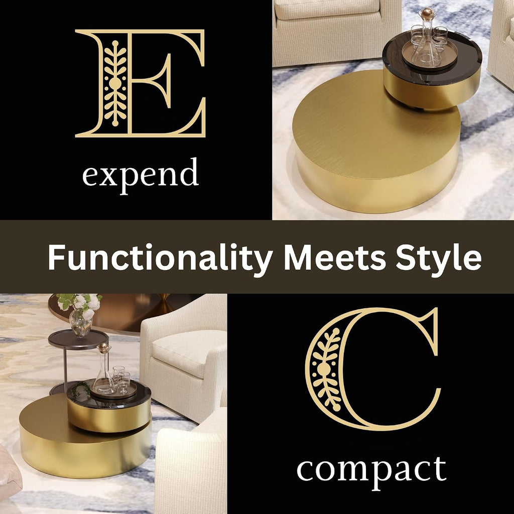 41 Inch Round Rotating Coffee Table with 360 Degree Swivel Top and 2 Tier Design, Brushed Brass Stainless Steel Frame with Black Tempered Glass, Modern Center Table for Living Room or Office