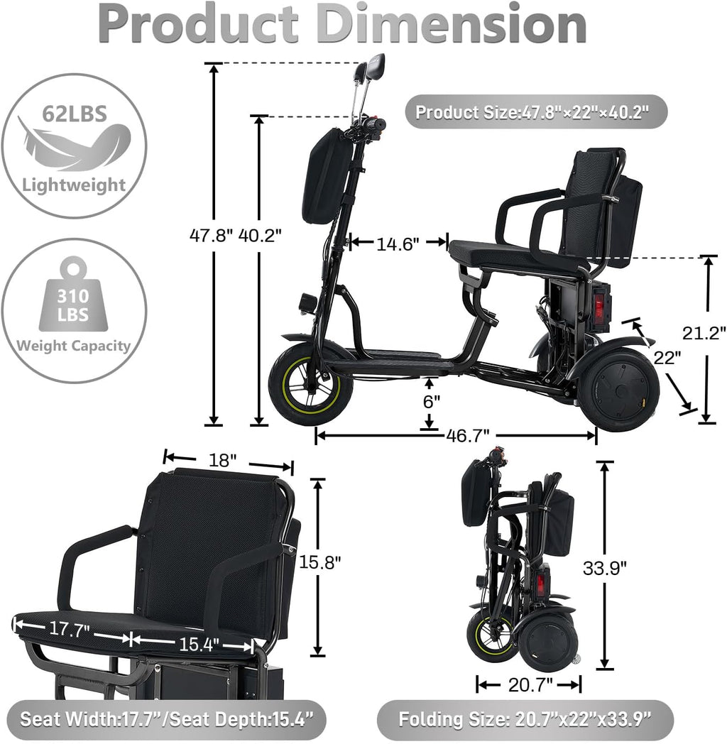 3-Wheel Folding Mobility Scooter Foldable Lightweight Electric Scooter for Adults & Seniors, Detachable Lithium Battery, Long Range 28 Miles, 3-Speed, with Rearview Mirror & Turn Signal (Black)