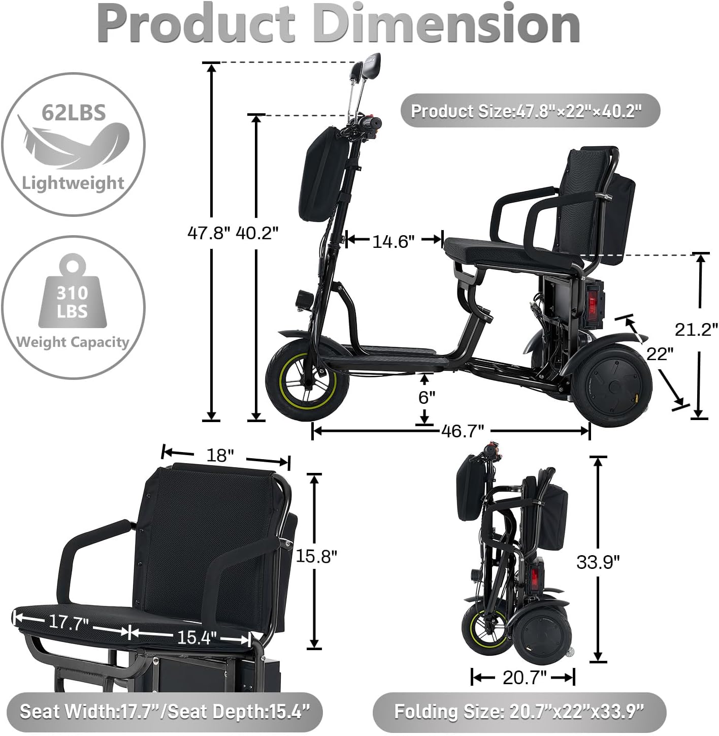 3-Wheel Folding Mobility Scooter Foldable Lightweight Electric Scooter for Adults & Seniors, Detachable Lithium Battery, Long Range 28 Miles, 3-Speed, with Rearview Mirror & Turn Signal (Black)