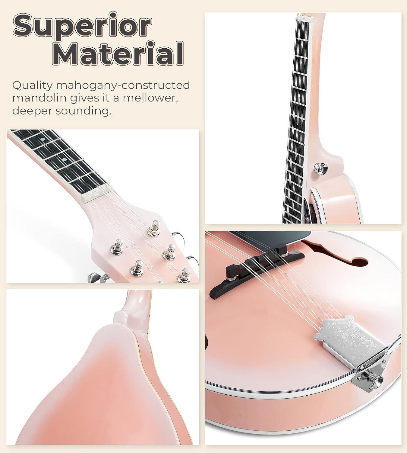 Vangoa Mandolin instrument A Style Mandolin Musical Instrument for Beginners Kids Adults, 8 String Acoustic Mahogany Starter Kits, Pink