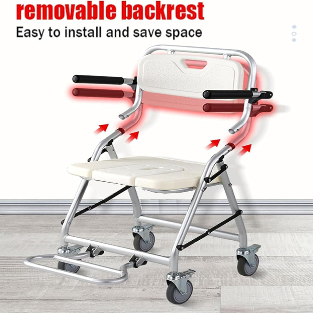 Portable Commode Chair, Commode Toilet Chair with Arms, Shower Seats for Elderly Foldable with Back, Ergonomic Seat, Mobility & Daily Living Aids, Load Capacity 150kg