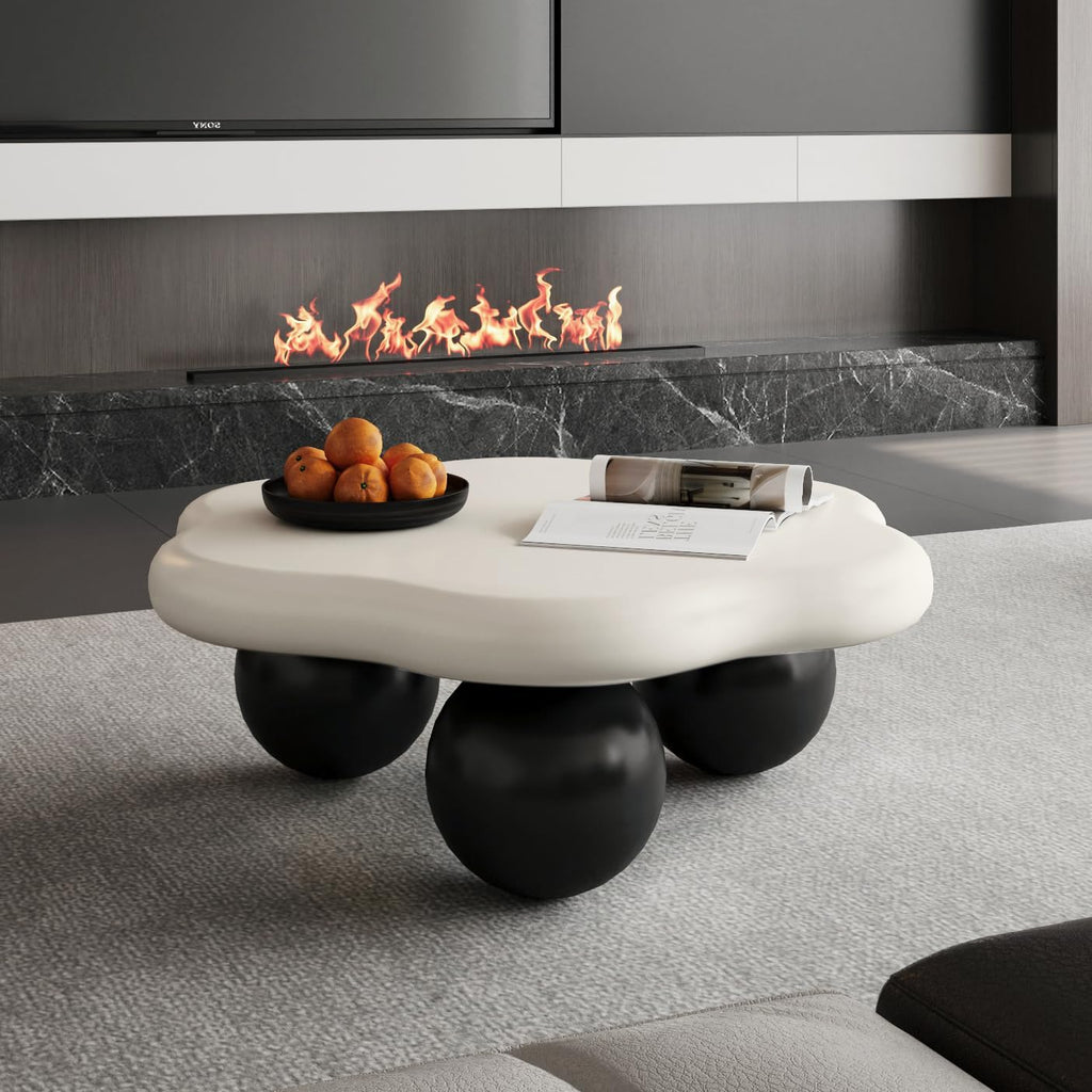 35.03' Cloud Coffee Table for Living Room Unique Coffee Table Modern Low Coffee Tables Cute Center Table with 3 Ball Legs for Small Space Apartment Cream Flower-White & Black
