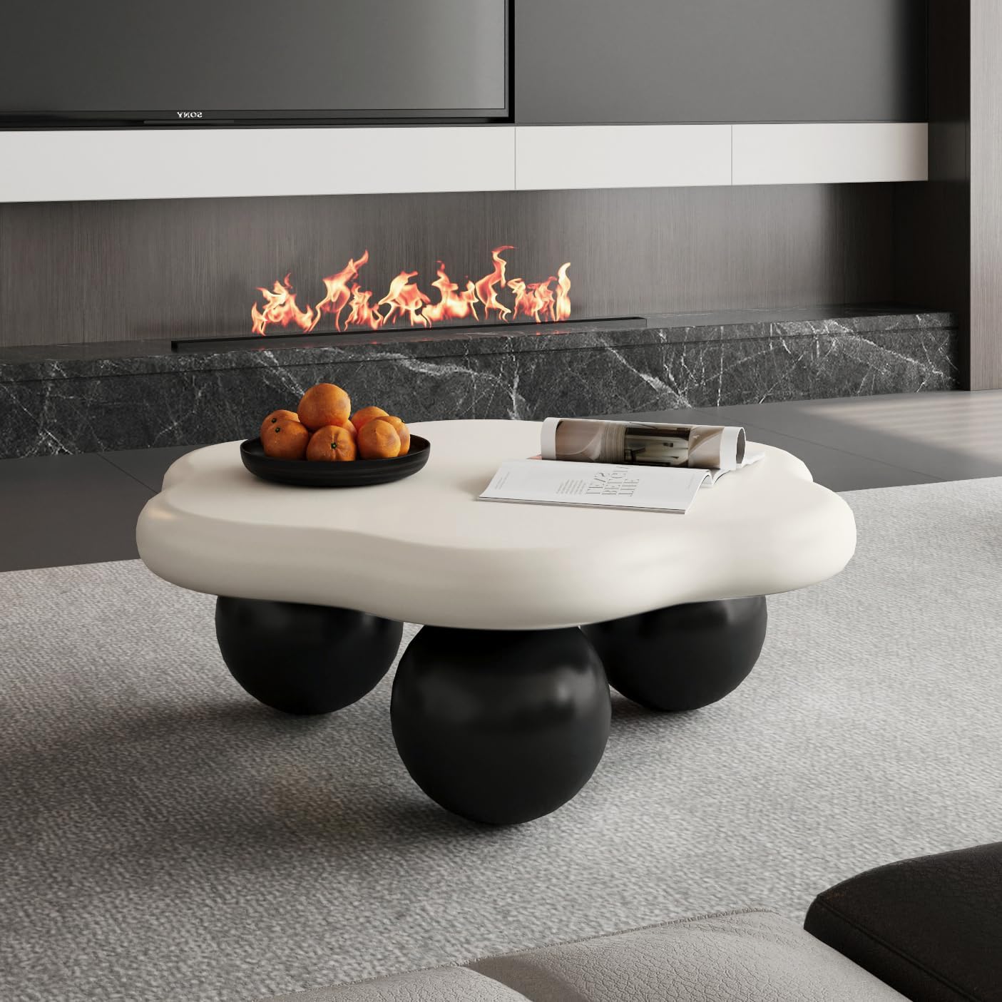35.03' Cloud Coffee Table for Living Room Unique Coffee Table Modern Low Coffee Tables Cute Center Table with 3 Ball Legs for Small Space Apartment Cream Flower-White & Black