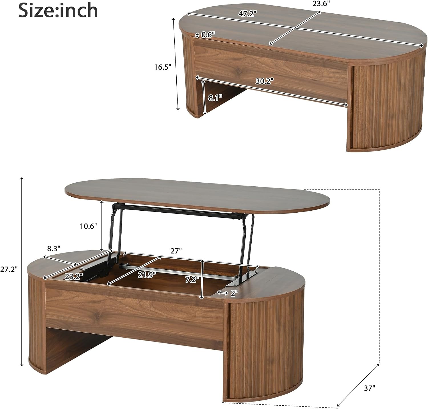 Oval Coffee Table with Lifting Top for Living Room Smart Coffee Table with Storage Mid Century Modern Coffee Tables with Adjustable Lift Top Coffee Tables Fluted Walnut 47.2'