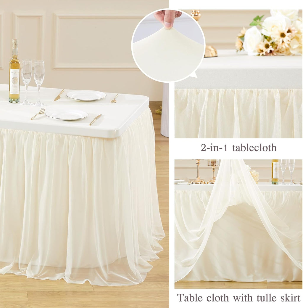Ivory Fitted Tablecloth Rectangle 6 Foot Stretch Elastic Tulle Ruffle Tablecloths Rectangular Spandex Table Covers 6ft Birthday Baby Shower Party Wedding Table Cloths with Skirt 6Pack