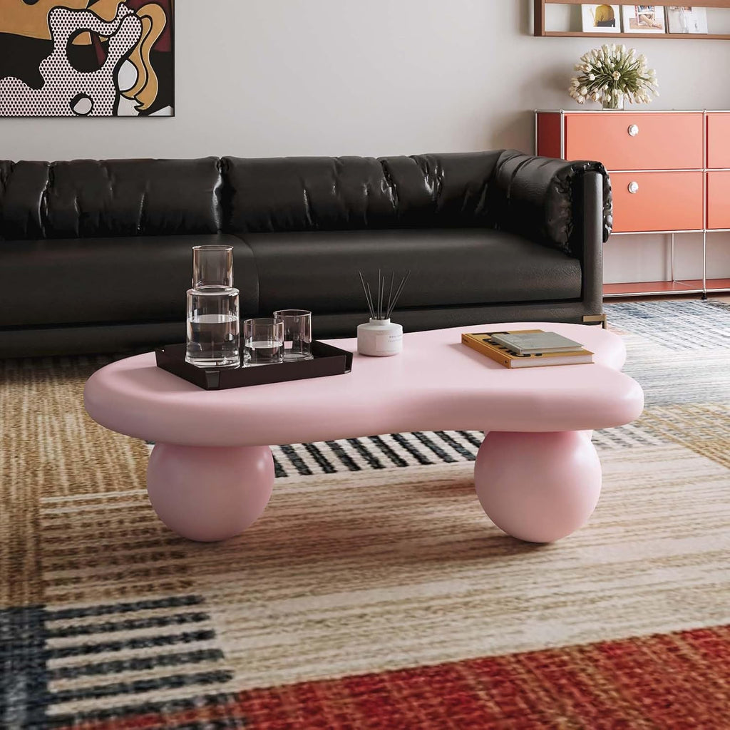 40' Modern Small Coffee Table Cloud Shape Low Center Table Cute Irregular Indoor Tea Table with 3 Ball Legs for Living Room Small Space